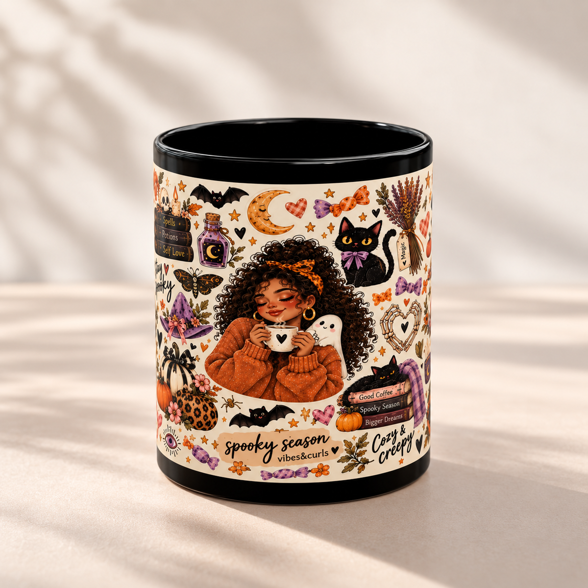 Spooky Season Sticker Collage Black Coffee Mug – Halloween Witch, Cat & Ghost Illustration (11oz/15oz)