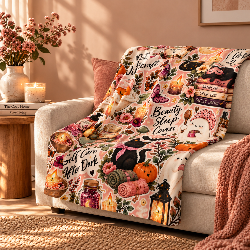Cozy Witch Self-Care Sherpa Blanket — Halloween Pumpkin, Cats & Spa Bath Sticker Collage