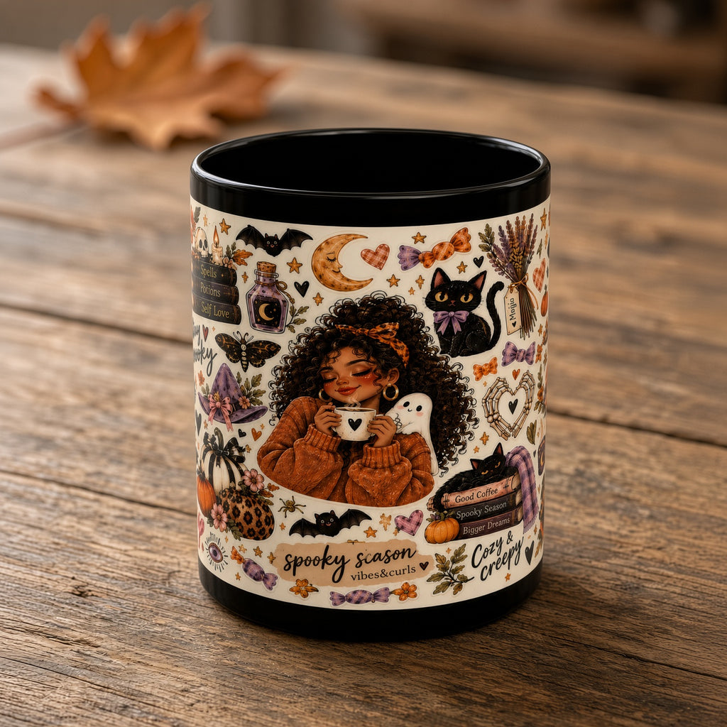 Spooky Season Sticker Collage Black Coffee Mug – Halloween Witch, Cat & Ghost Illustration (11oz/15oz)