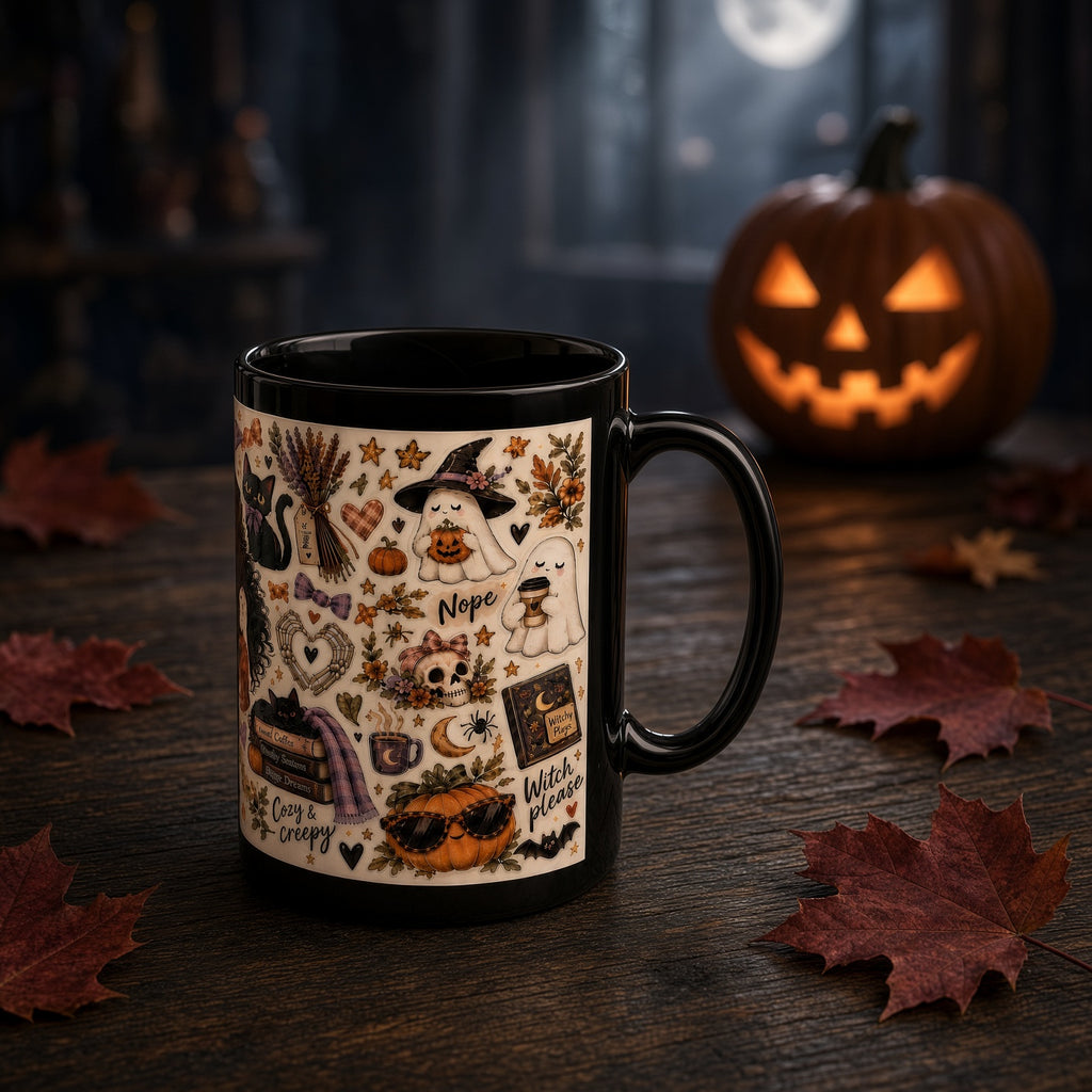 Spooky Season Sticker Collage Black Coffee Mug – Halloween Witch, Cat & Ghost Illustration (11oz/15oz)