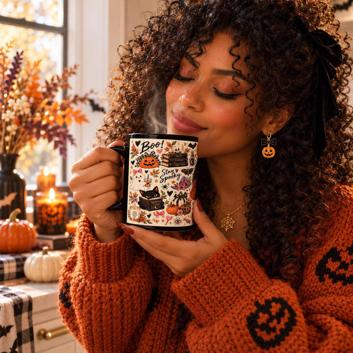Spooky Season Sticker Collage Black Coffee Mug – Halloween Witch, Cat & Ghost Illustration (11oz/15oz)