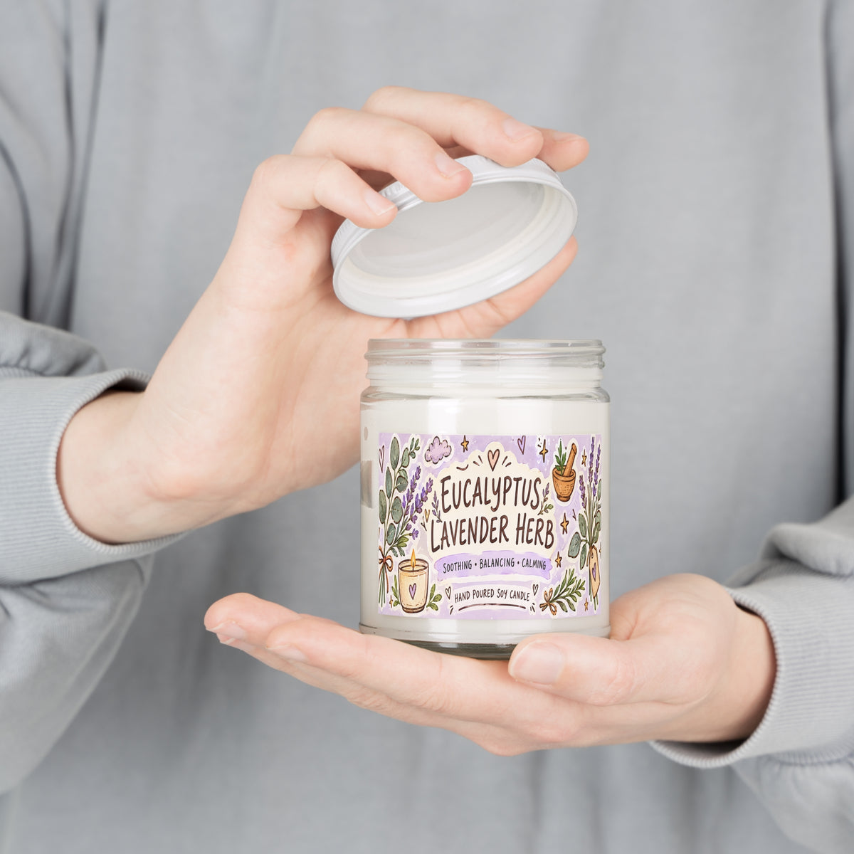 Eucalyptus Lavender Herb Soy Candle — 9oz Scented Jar (Soothing, Calming)