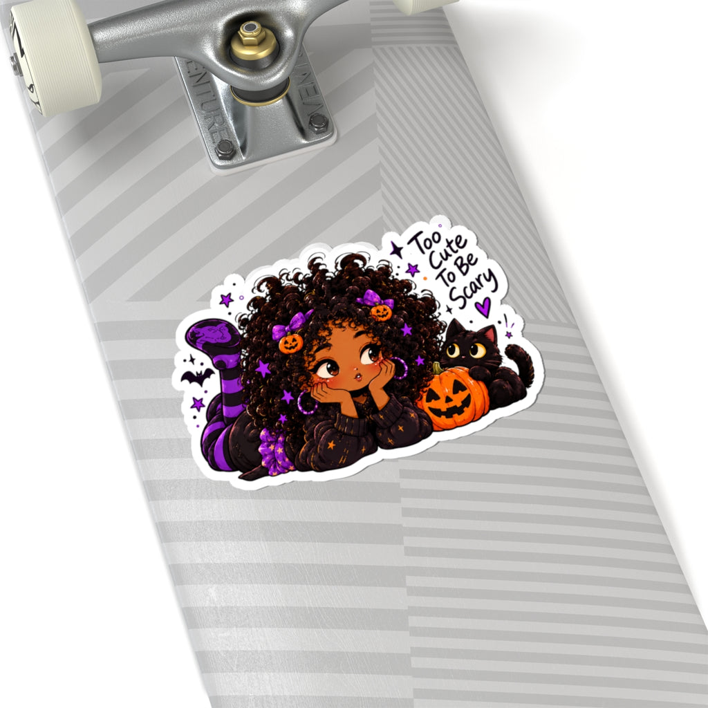 Halloween Girl & Black Cat Sticker — "Too Cute To Be Scary" Kiss-Cut