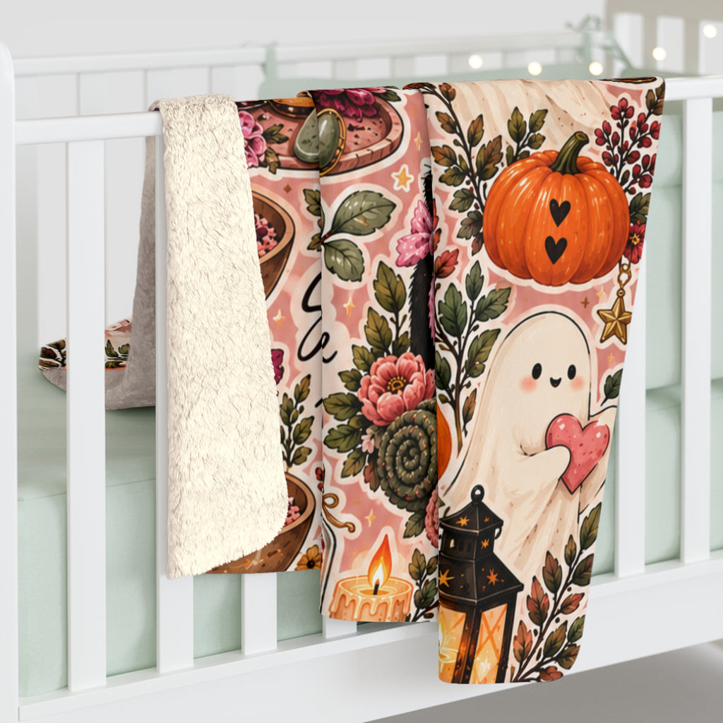 Cozy Witch Self-Care Sherpa Blanket — Halloween Pumpkin, Cats & Spa Bath Sticker Collage