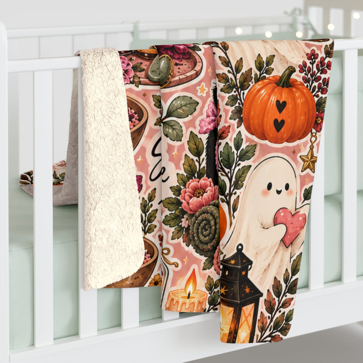 Cozy Witch Self-Care Sherpa Blanket — Halloween Pumpkin, Cats & Spa Bath Sticker Collage