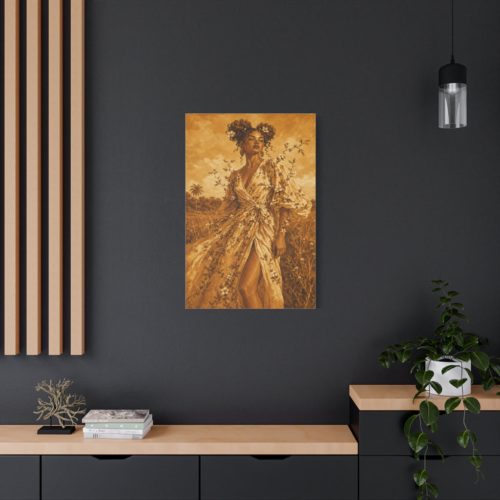 Golden Fields Canvas Wall Art — Woman in Floral Robe Matte Stretched Print