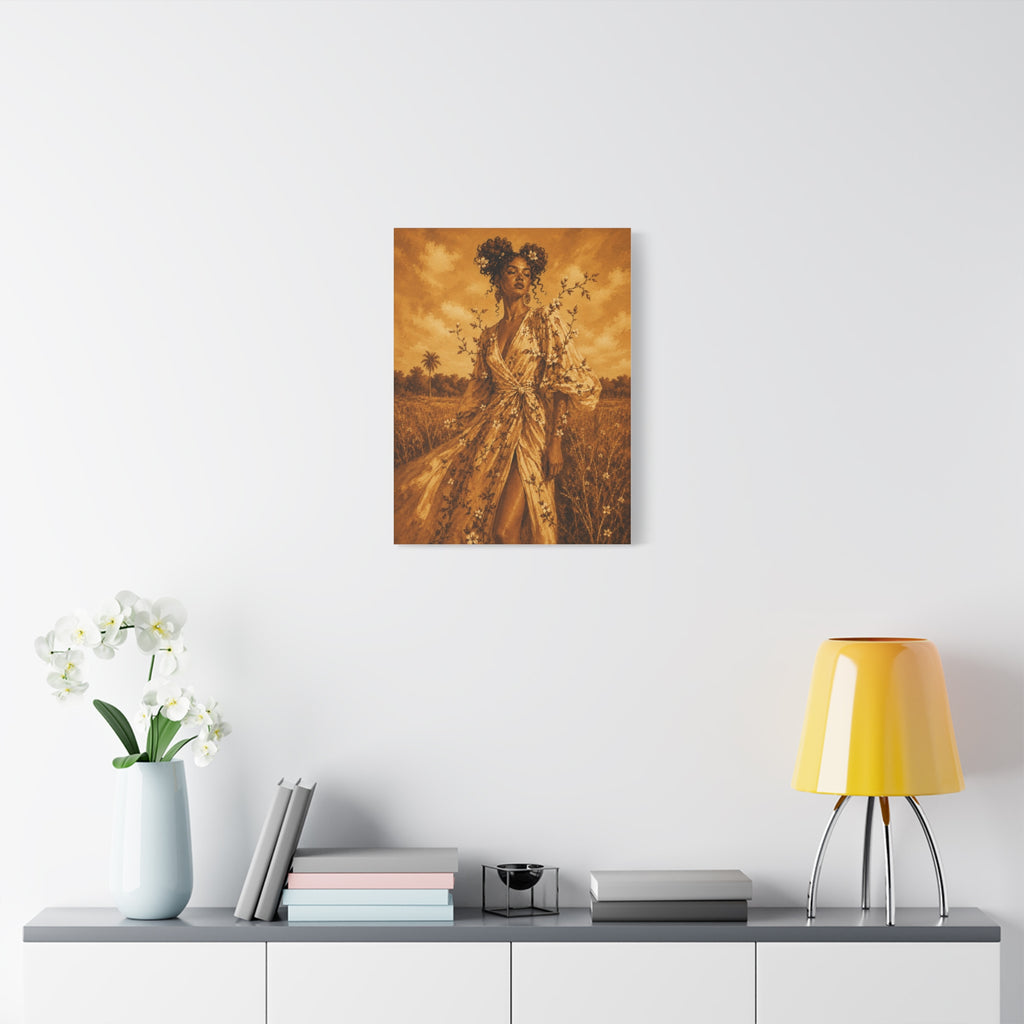 Golden Fields Canvas Wall Art — Woman in Floral Robe Matte Stretched Print