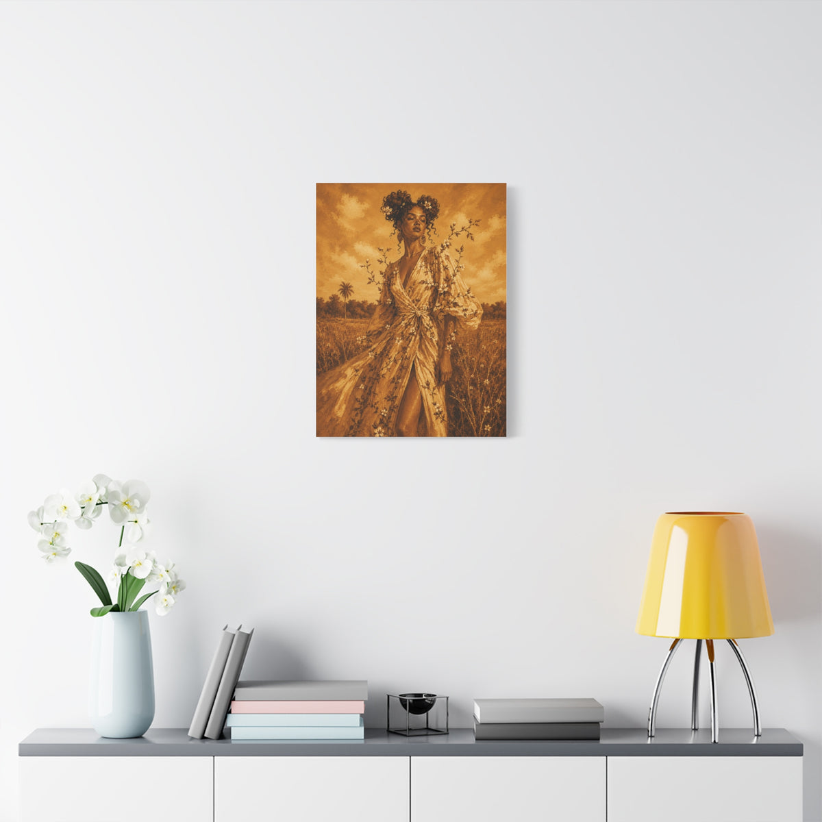 Golden Fields Canvas Wall Art — Woman in Floral Robe Matte Stretched Print