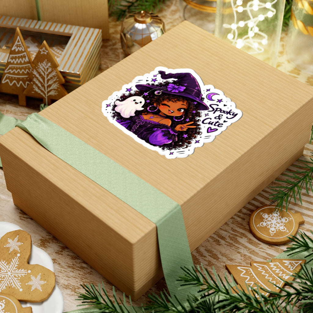 Spooky & Cute Witch Girl Kiss-Cut Sticker — Purple Halloween Ghost Laptop Decal