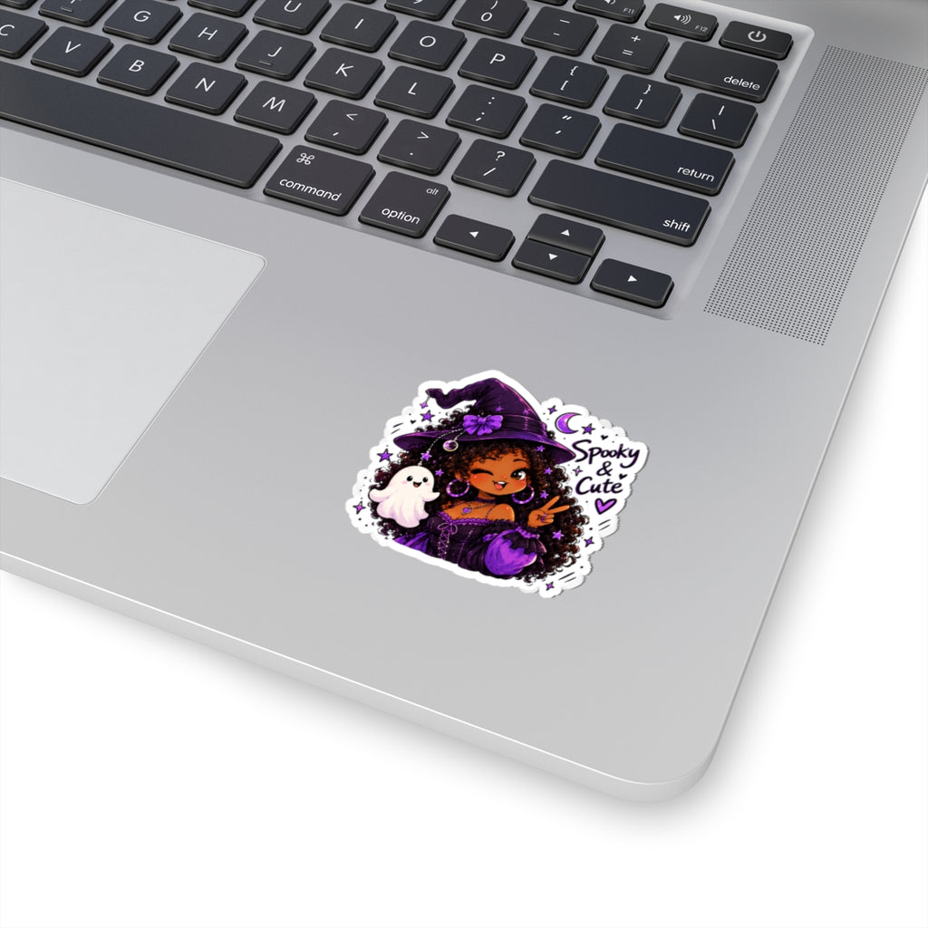 Spooky & Cute Witch Girl Kiss-Cut Sticker — Purple Halloween Ghost Laptop Decal