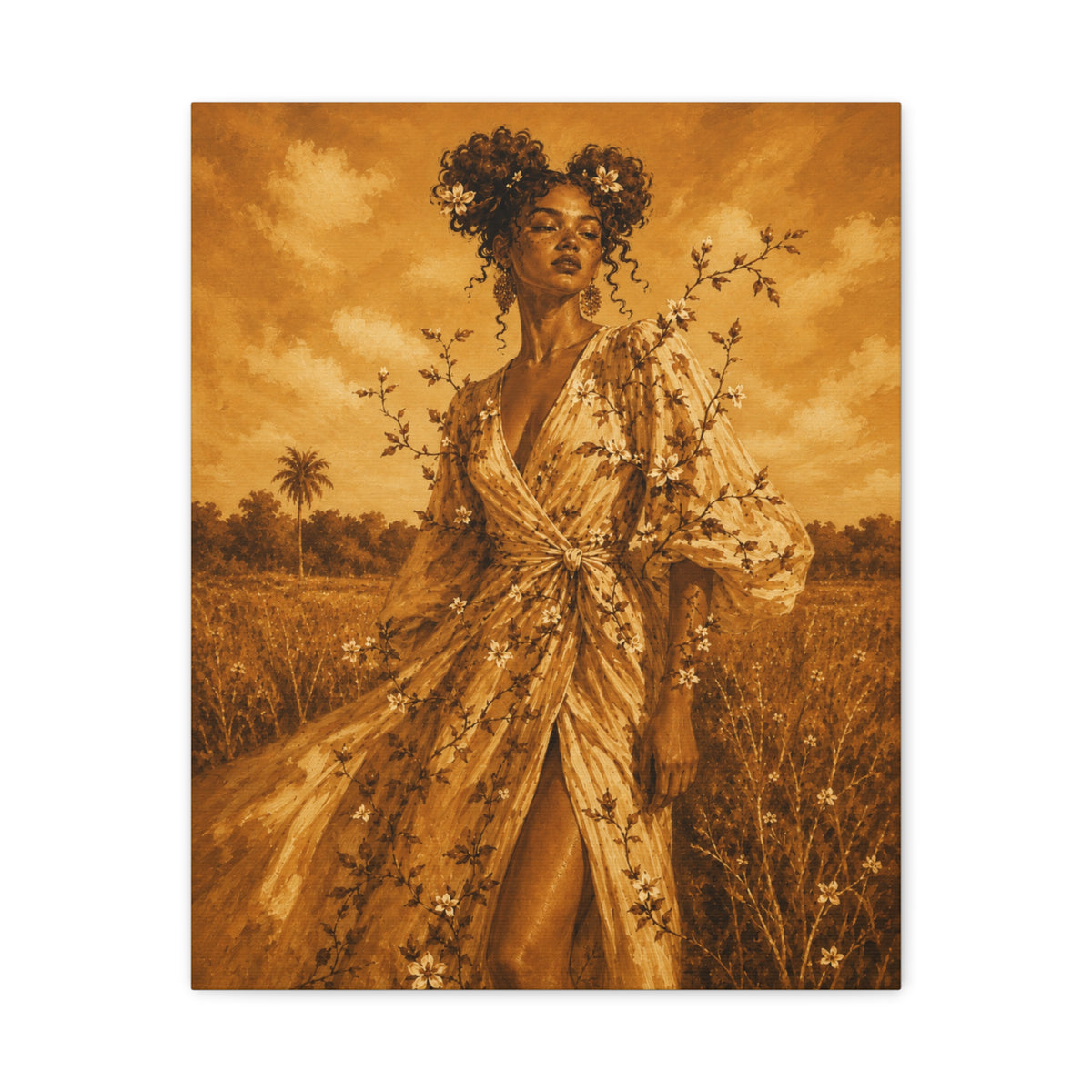 Golden Fields Canvas Wall Art — Woman in Floral Robe Matte Stretched Print