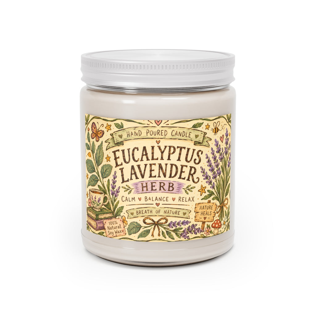 Eucalyptus Lavender Herb Soy Candle — 9oz Scented Jar (Calm • Relax • Balance)