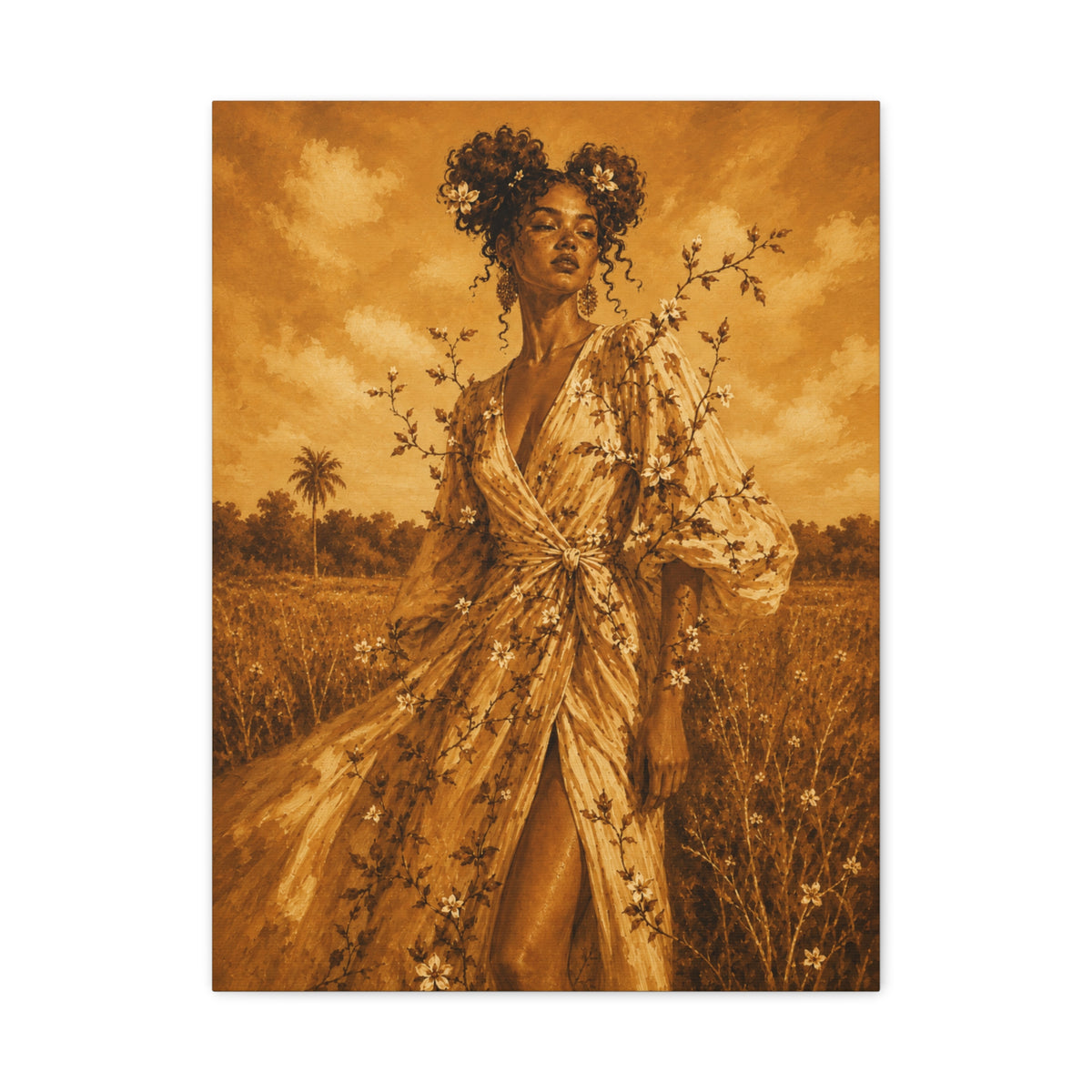 Golden Fields Canvas Wall Art — Woman in Floral Robe Matte Stretched Print