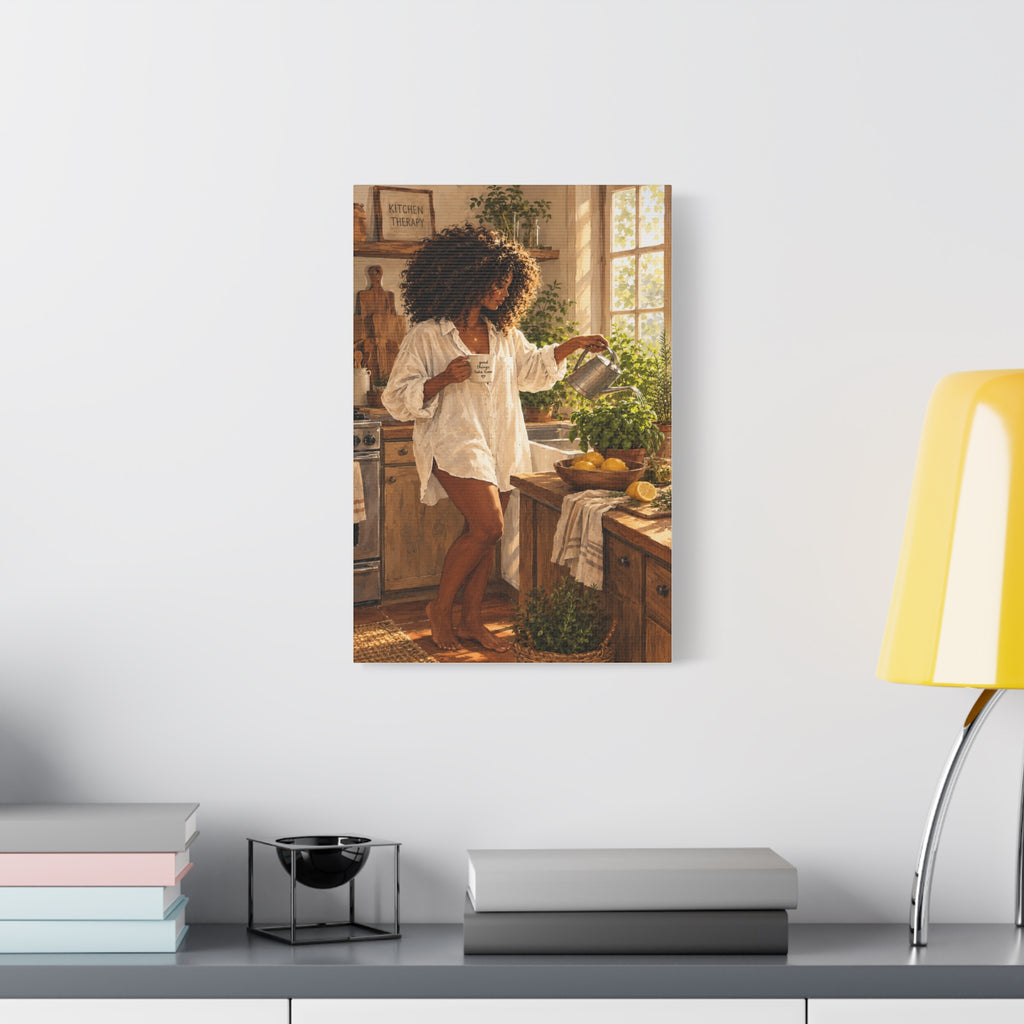 Kitchen Morning Canvas Print - Cozy Woman Watering Herbs Matte Stretched Wall Art