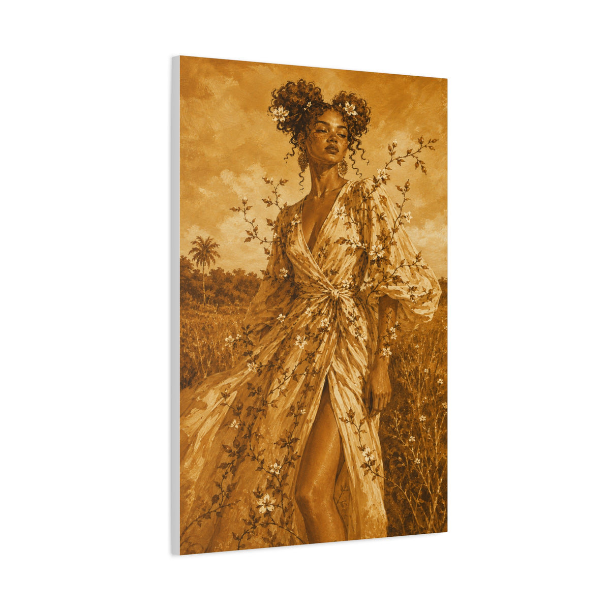 Golden Fields Canvas Wall Art — Woman in Floral Robe Matte Stretched Print