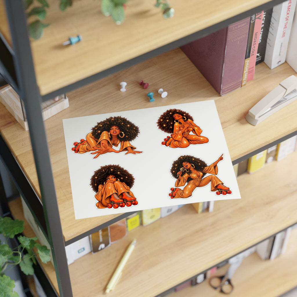 Roller Disco Afro Girl Sticker Sheet — Retro 70s Vibe Decorative Stickers