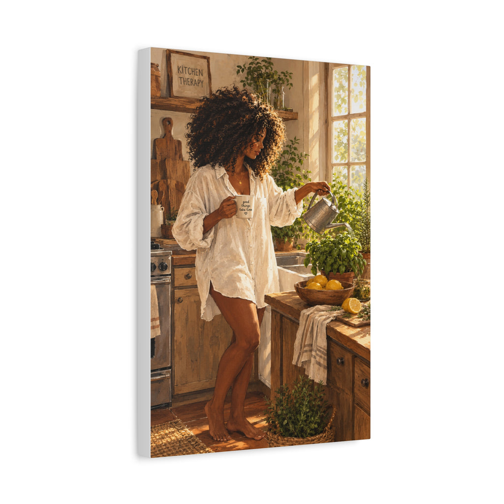 Kitchen Morning Canvas Print - Cozy Woman Watering Herbs Matte Stretched Wall Art