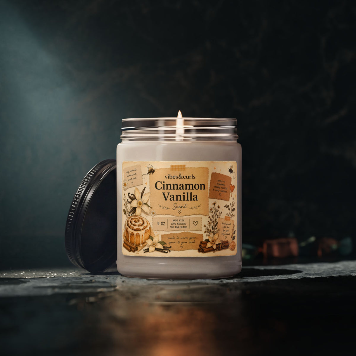 Cinnamon Vanilla Soy Candle — 9oz Scented Jar (Warm Bakery + Cozy Spice)