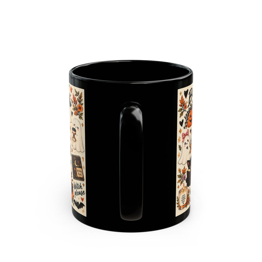 Spooky Season Sticker Collage Black Coffee Mug – Halloween Witch, Cat & Ghost Illustration (11oz/15oz)