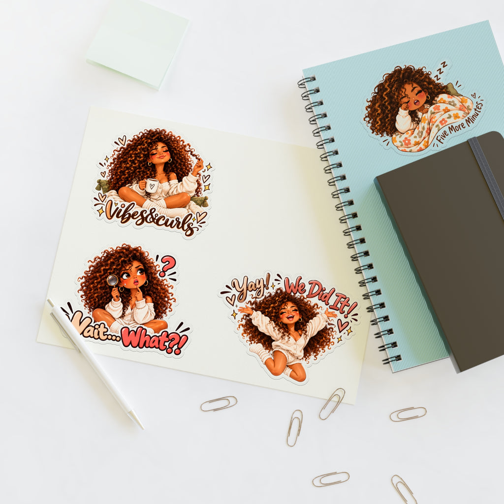 Curly Girl Sticker Sheet — 'One More Bite', 'Nailed It', 'Not Today', 'Vibes & Curls'