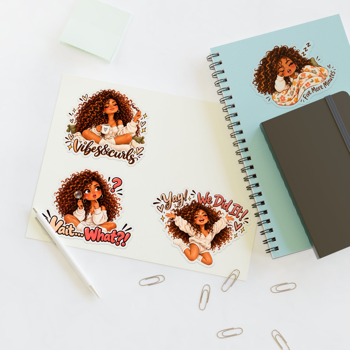Curly Girl Sticker Sheet — 'One More Bite', 'Nailed It', 'Not Today', 'Vibes & Curls'