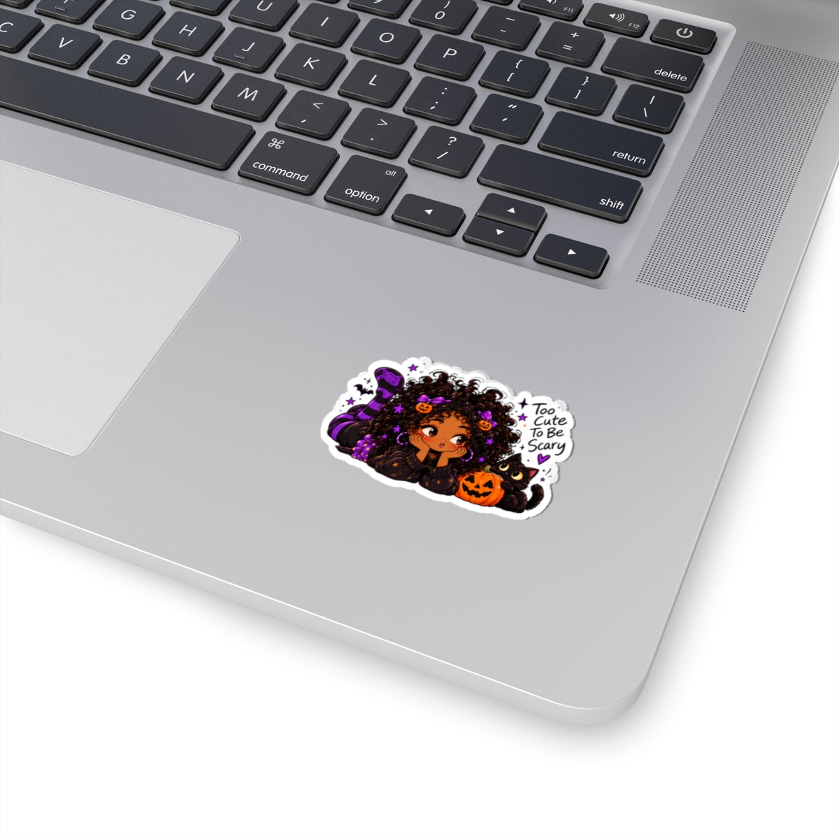 Halloween Girl & Black Cat Sticker — "Too Cute To Be Scary" Kiss-Cut