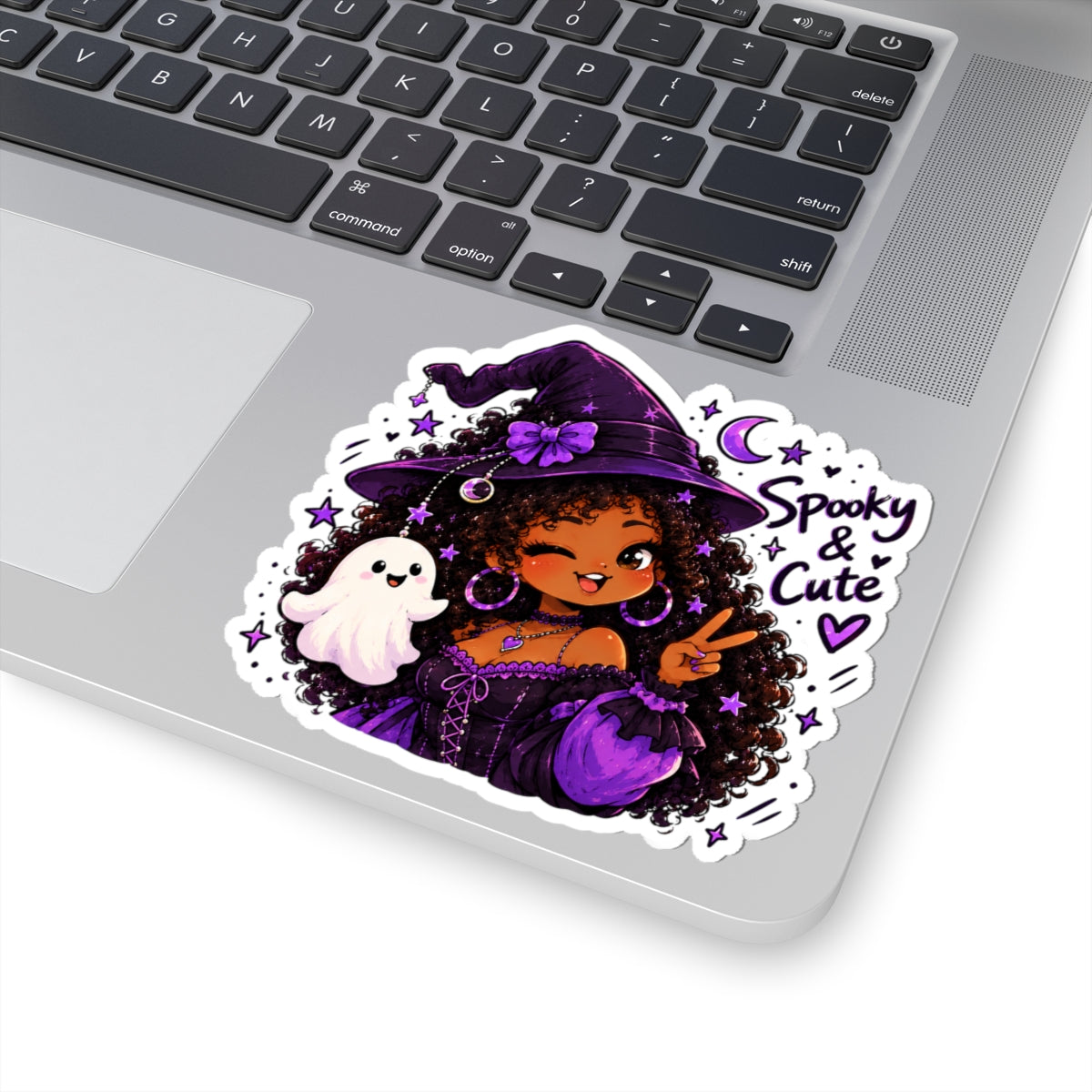 Spooky & Cute Witch Girl Kiss-Cut Sticker — Purple Halloween Ghost Laptop Decal