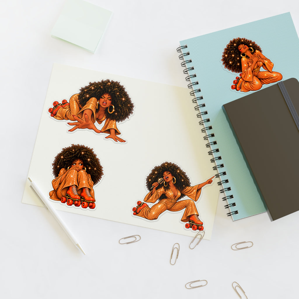 Roller Disco Afro Girl Sticker Sheet — Retro 70s Vibe Decorative Stickers