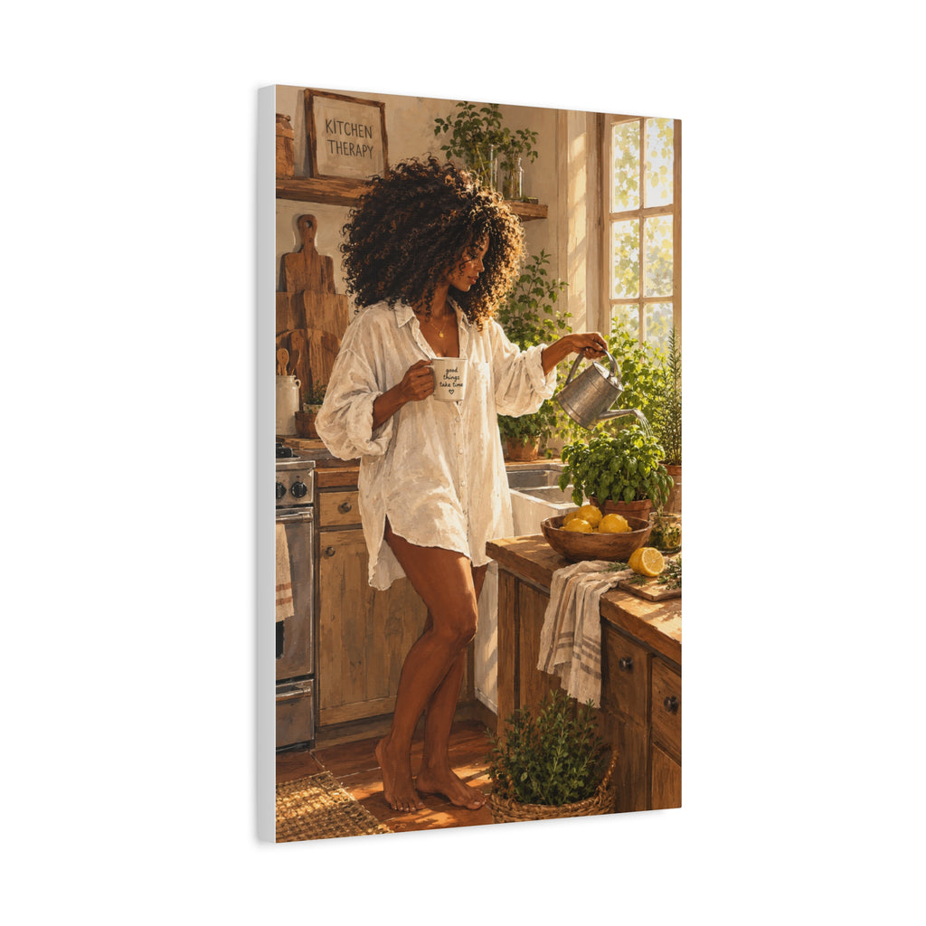 Kitchen Morning Canvas Print - Cozy Woman Watering Herbs Matte Stretched Wall Art