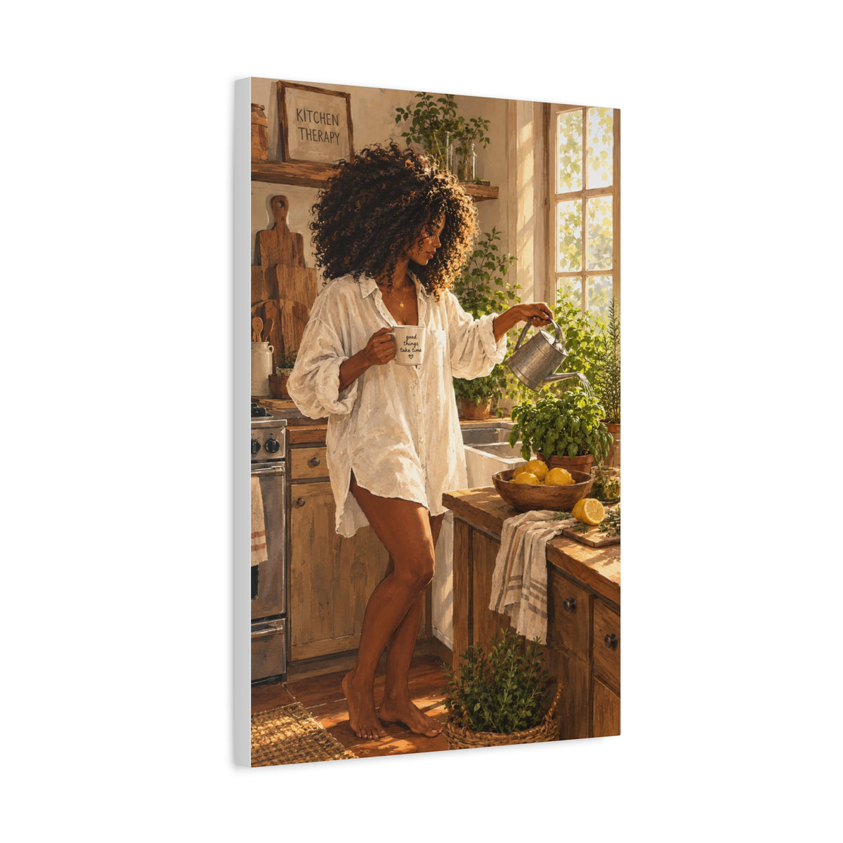 Kitchen Morning Canvas Print - Cozy Woman Watering Herbs Matte Stretched Wall Art