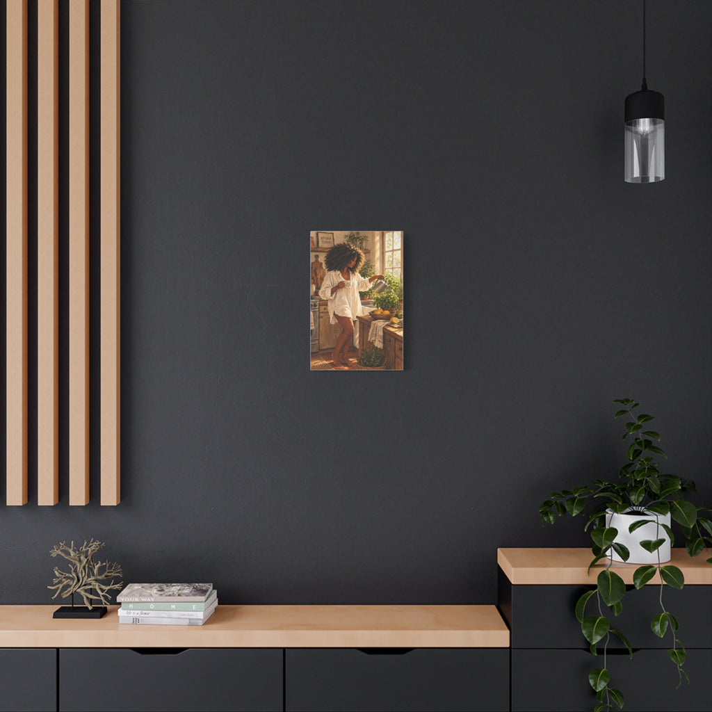 Kitchen Morning Canvas Print - Cozy Woman Watering Herbs Matte Stretched Wall Art