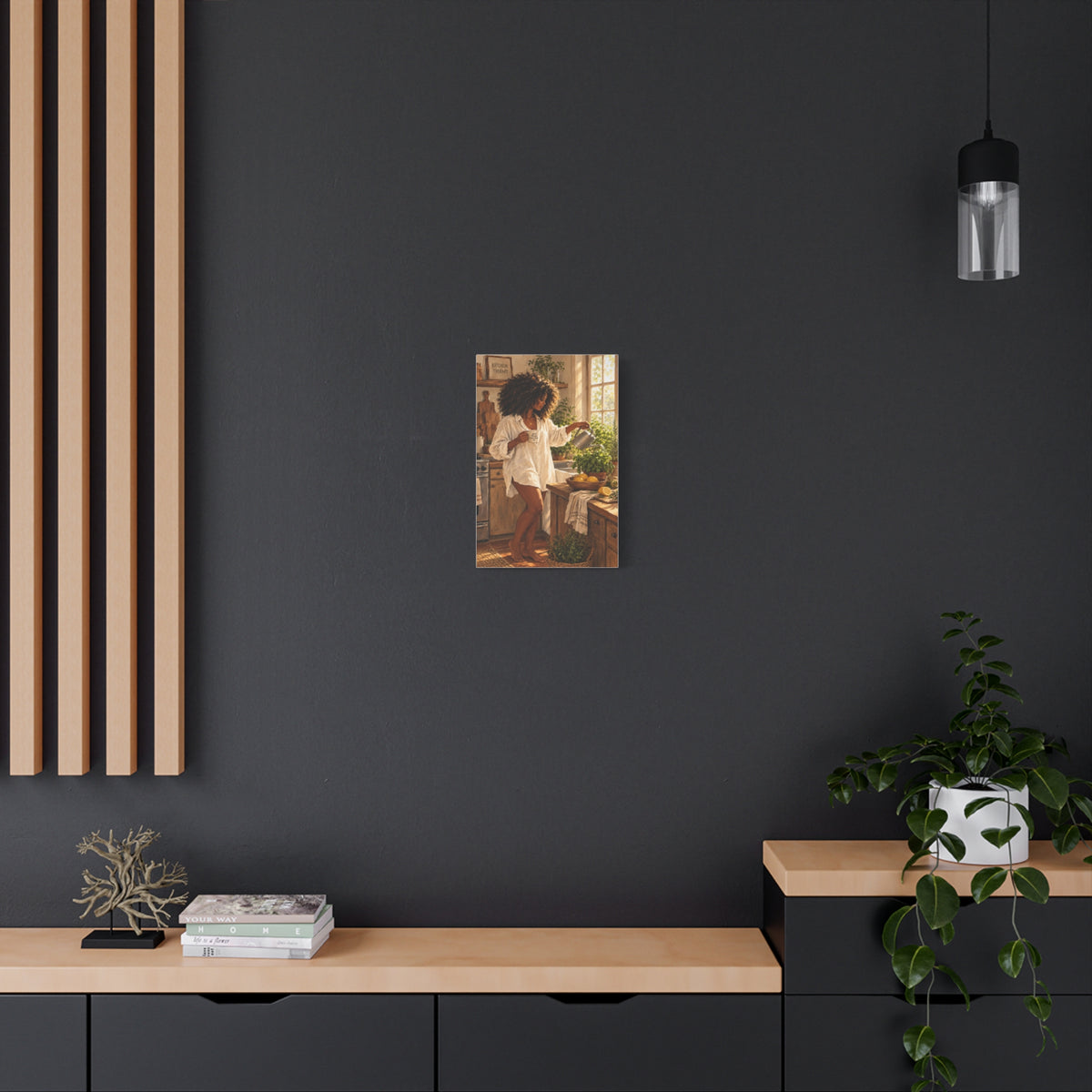 Kitchen Morning Canvas Print - Cozy Woman Watering Herbs Matte Stretched Wall Art