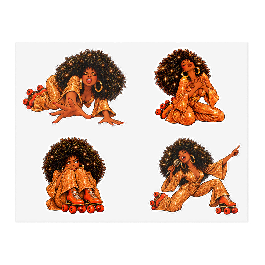 Roller Disco Afro Girl Sticker Sheet — Retro 70s Vibe Decorative Stickers