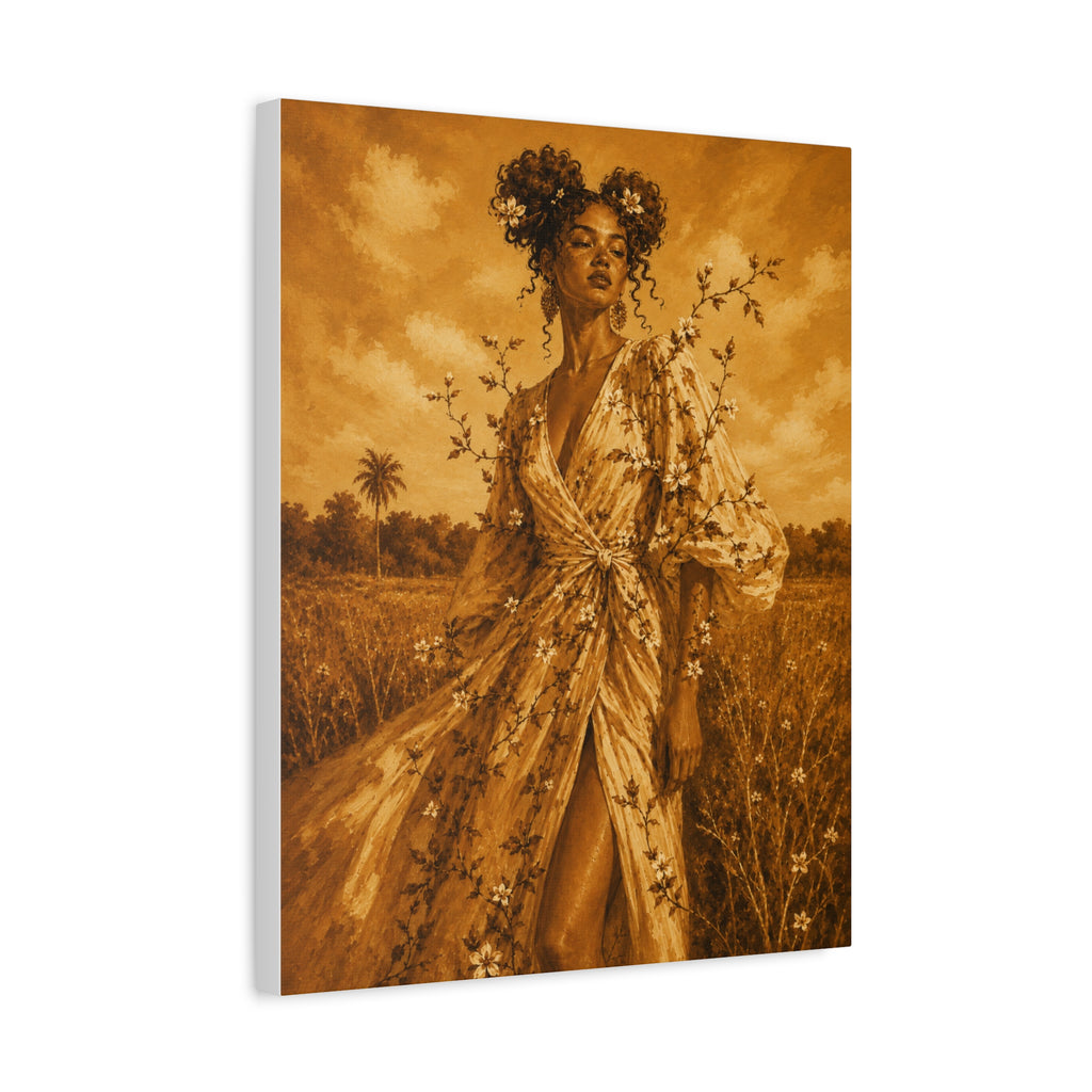 Golden Fields Canvas Wall Art — Woman in Floral Robe Matte Stretched Print