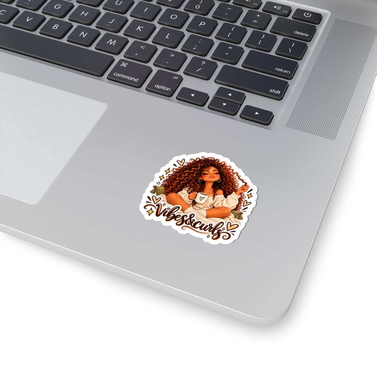 Vibes & Curls Kiss-Cut Sticker — Cozy Curly Hair Illustration
