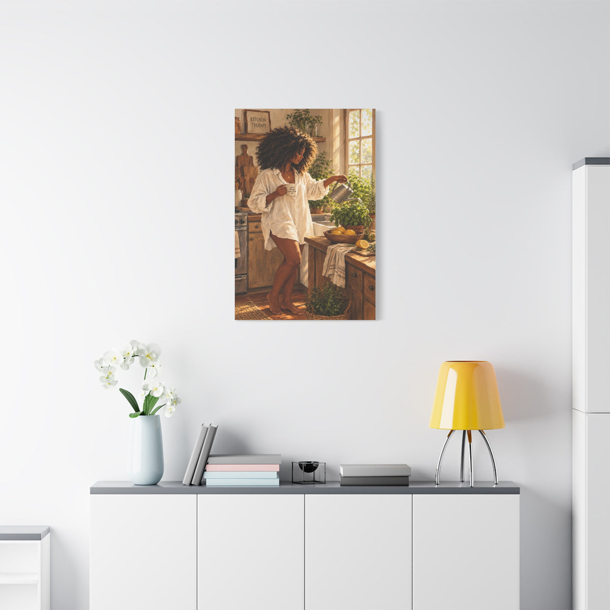 Kitchen Morning Canvas Print - Cozy Woman Watering Herbs Matte Stretched Wall Art