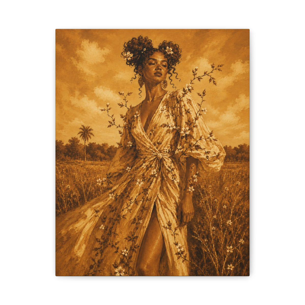 Golden Fields Canvas Wall Art — Woman in Floral Robe Matte Stretched Print