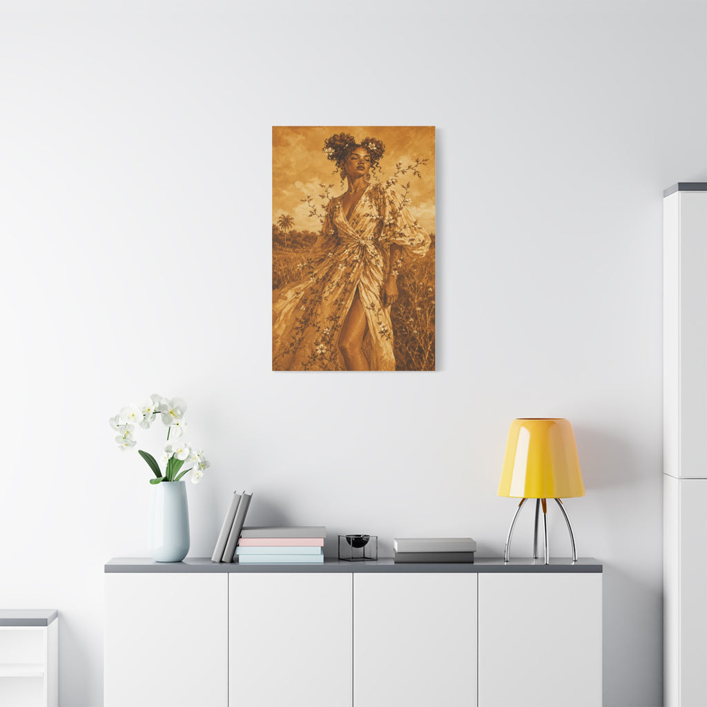 Golden Fields Canvas Wall Art — Woman in Floral Robe Matte Stretched Print