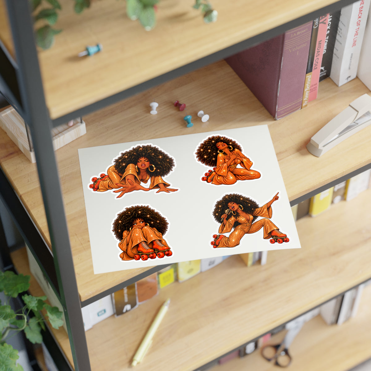Roller Disco Afro Girl Sticker Sheet — Retro 70s Vibe Decorative Stickers