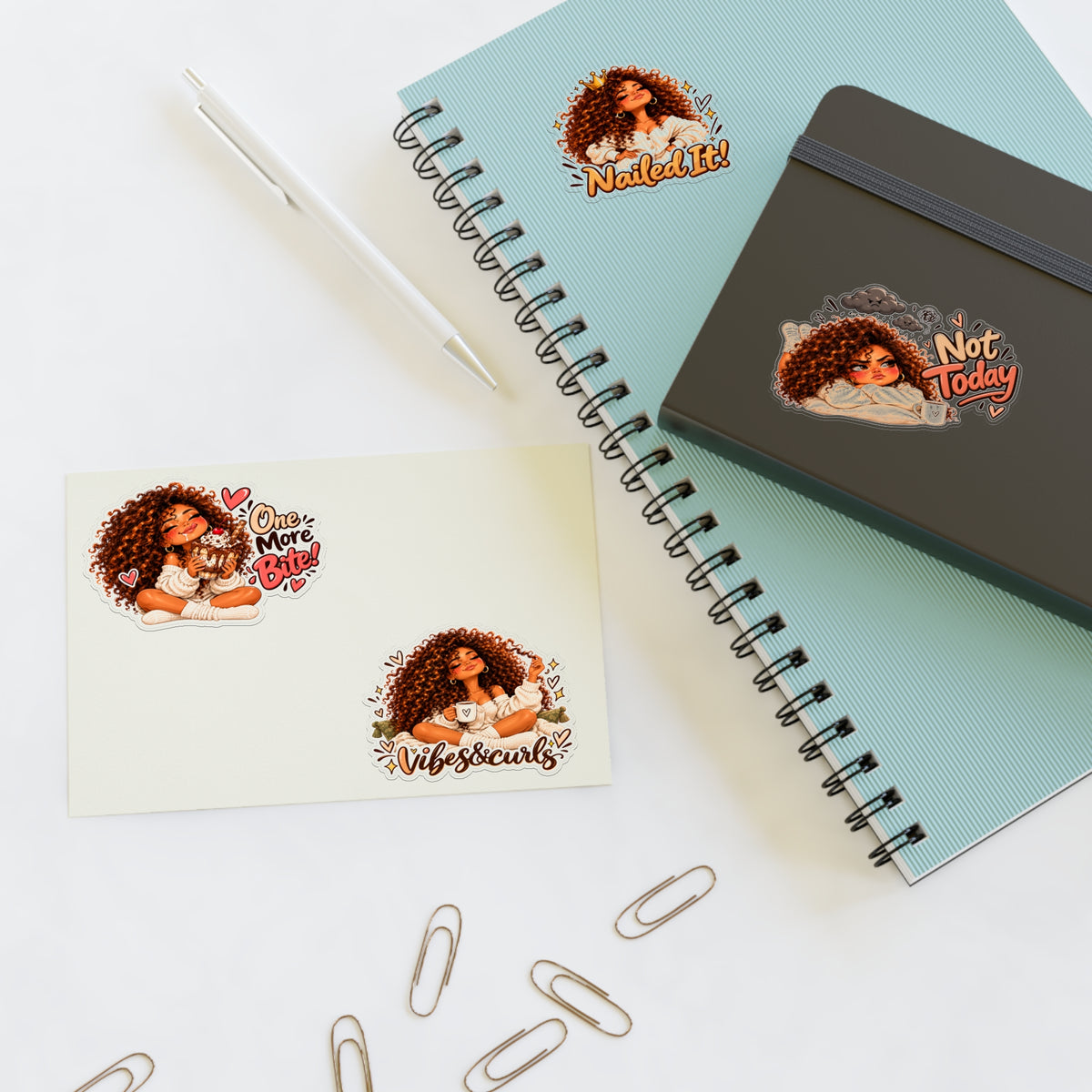 Curly Girl Sticker Sheet — 'One More Bite', 'Nailed It', 'Not Today', 'Vibes & Curls'