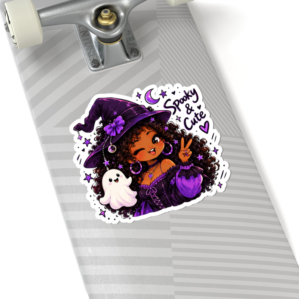 Spooky & Cute Witch Girl Kiss-Cut Sticker — Purple Halloween Ghost Laptop Decal