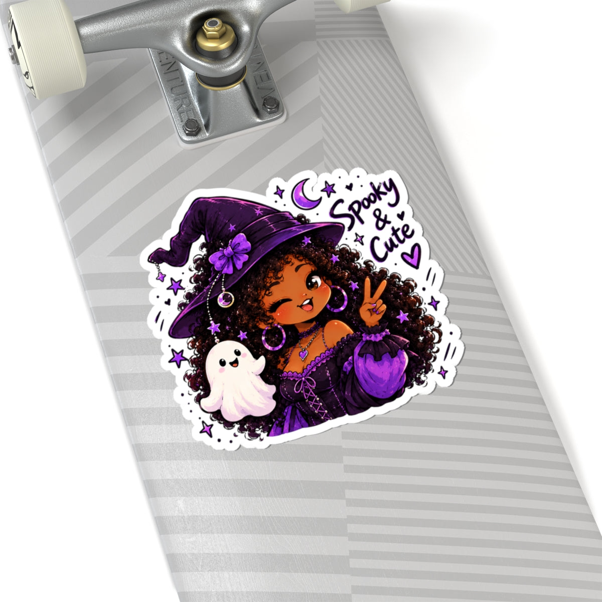 Spooky & Cute Witch Girl Kiss-Cut Sticker — Purple Halloween Ghost Laptop Decal