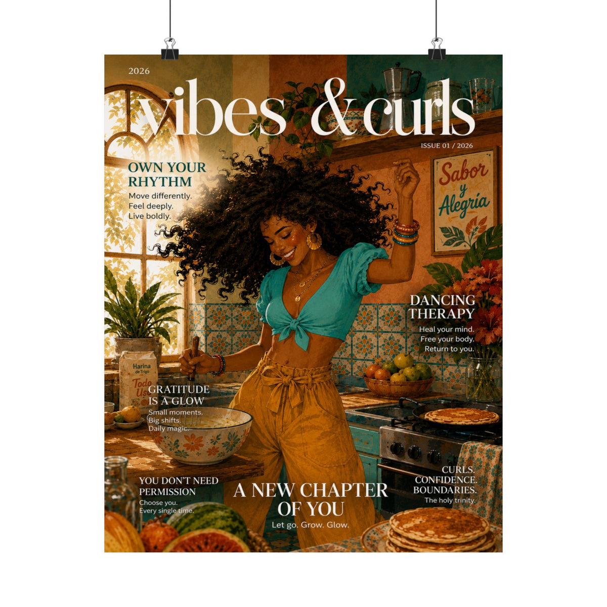 Vibes & Curls Matte Poster — Afrocentric Kitchen Wall Art, 'A New Chapter of You' Magazine Cover