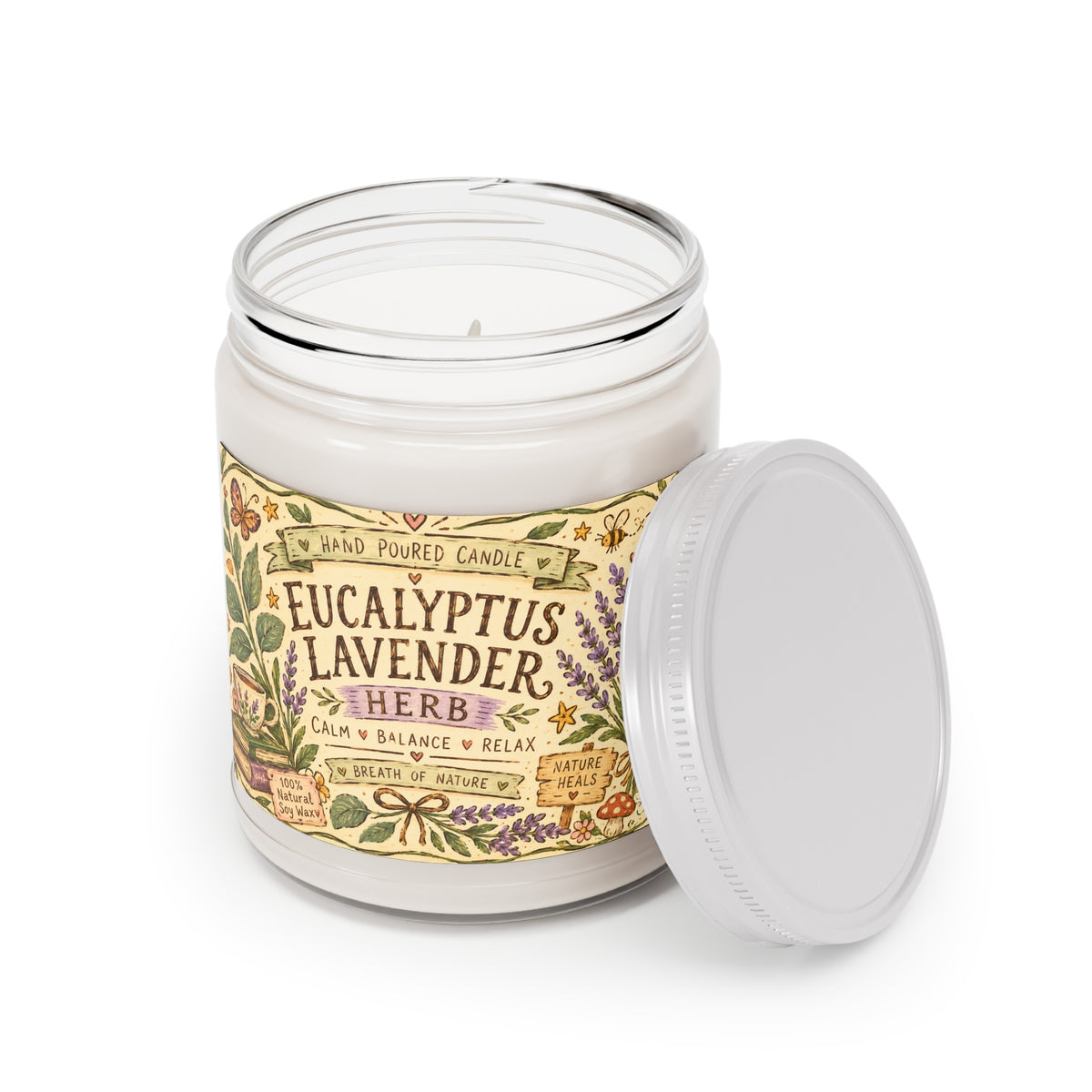 Eucalyptus Lavender Herb Soy Candle — 9oz Scented Jar (Calm • Relax • Balance)