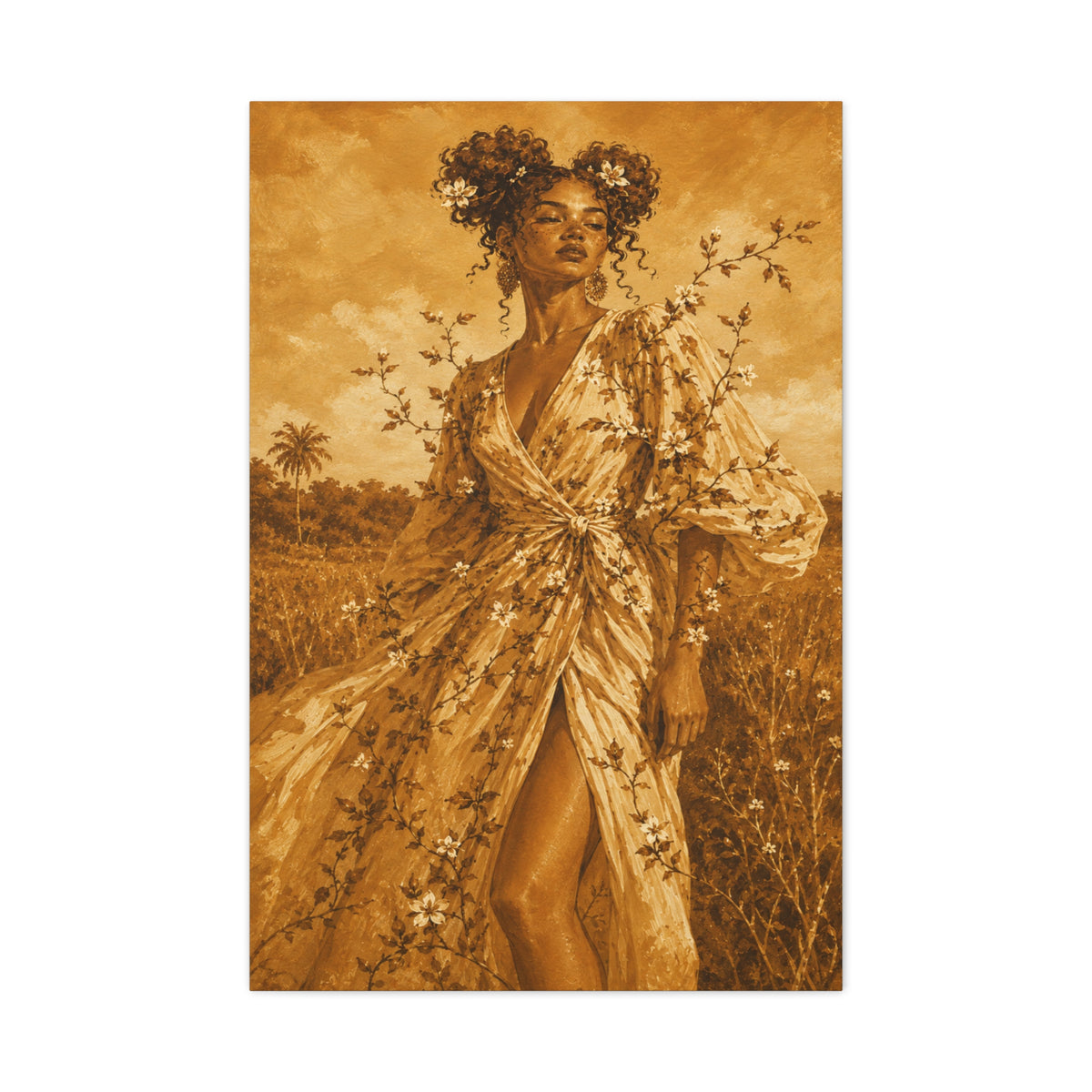 Golden Fields Canvas Wall Art — Woman in Floral Robe Matte Stretched Print
