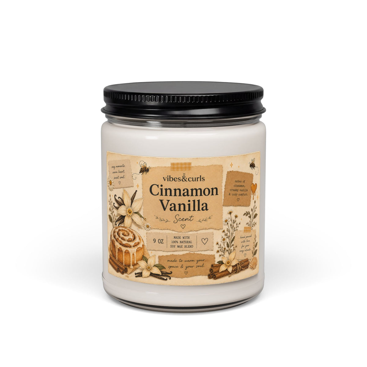 Cinnamon Vanilla Soy Candle — 9oz Scented Jar (Warm Bakery + Cozy Spice)
