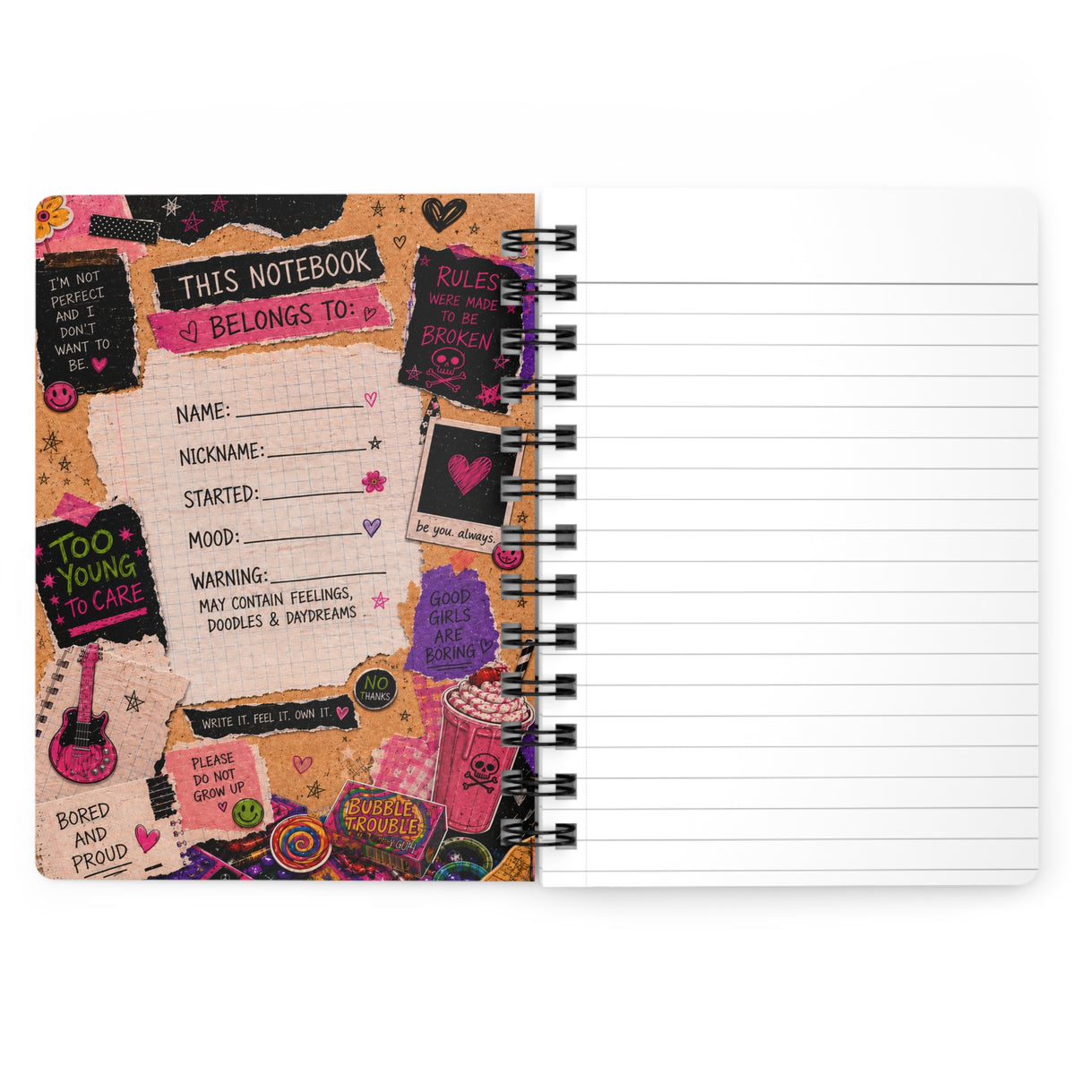 Spiral Notebook — Colorful Punk Girl Journal "Too Young to Care"
