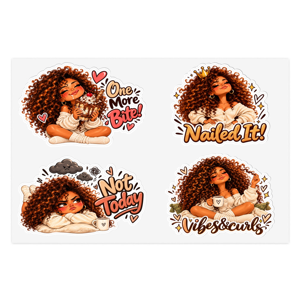Curly Girl Sticker Sheet — 'One More Bite', 'Nailed It', 'Not Today', 'Vibes & Curls'