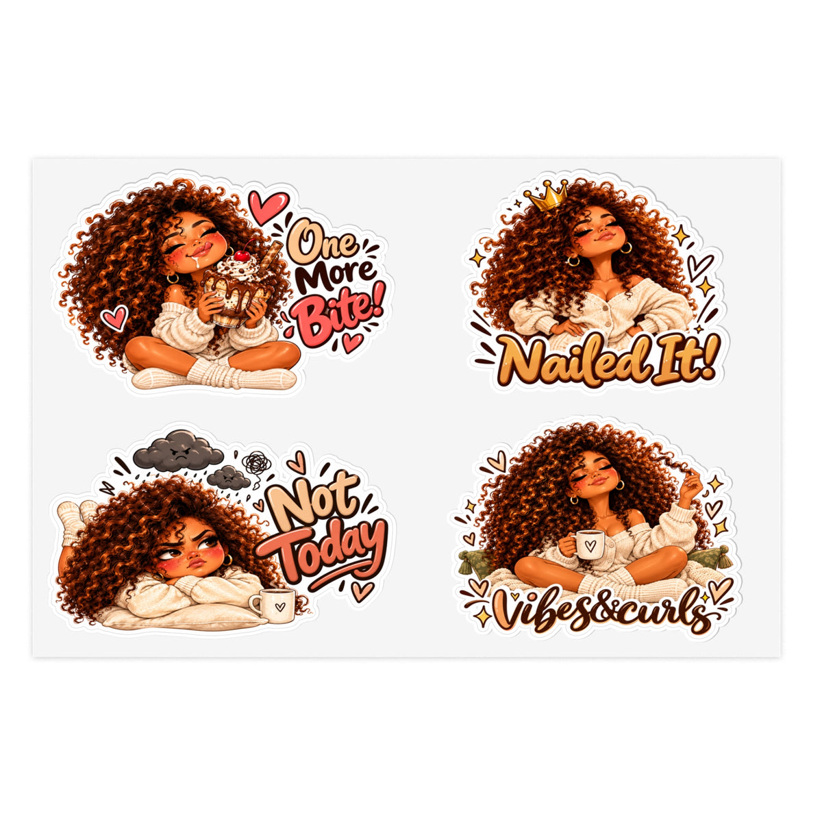 Curly Girl Sticker Sheet — 'One More Bite', 'Nailed It', 'Not Today', 'Vibes & Curls'