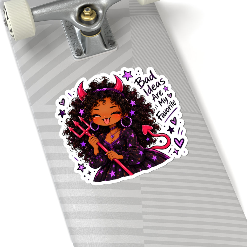 Cute Devil Girl Kiss-Cut Sticker — "Bad Ideas Are My Favorite"